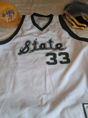 Rare magic johnsonState 33 White & Dark Green Basketball Jersey -
